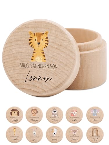 wunderwunsch - Milchzahndose personalisiert aus Holz mit kinderfreundlichem UV-Druck - Zahndose Milchzähne als Erinnerung an die ersten Zähnchen (Tiger) von wunderwunsch