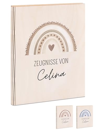 wunderwunsch - Zeugnismappe, Zeugnismappe personalisiert, Zeugnismappe Holz, Einschulung, Zeugnismappe Mädchen, Zeugnismappe Jungen (Regenbogen beige) von wunderwunsch