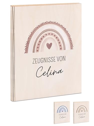 wunderwunsch - Zeugnismappe, Zeugnismappe personalisiert, Zeugnismappe Holz, Einschulung, Zeugnismappe Mädchen, Zeugnismappe Jungen (Regenbogen rosa) von wunderwunsch