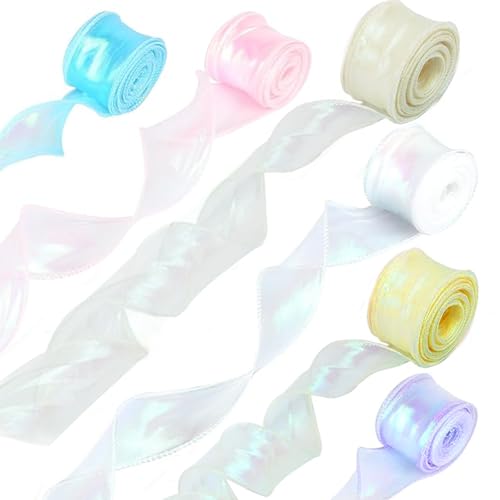 Schleifenband,6 Rollen Organzaband,4cm x 9m Geschenkband,Shimmer Transparent Ribbon,Chiffonband für Verpacken von Geschenken, zur Blumenstraußdekoration, für Hochzeiten und zum Basteln von wuyukeji