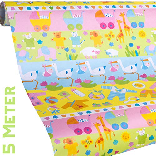 Geschenkpapier BABY - 5 Meter Rolle Baby Geschenkpapier - für Mädchen und Jungs zur Geburt, zum 1. Geburtstag, Taufe - reißfestes Premium Geschenkpapier - umweltfreundlich von www.disegno.shop