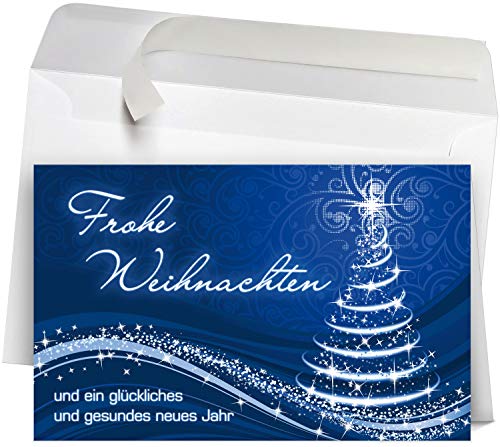 50 Premium Weihnachtskarten mit Umschlag Set für Firmen, hochwertige Klappkarten 19 x 12 cm groß, Weihnachtsbaum blau von Weihnachtskarten-Shop