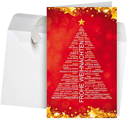 50 Premium Weihnachtskarten mit Umschlag Set für Firmen, hochwertige Klappkarten 12 x 19 cm groß, internationale Weihnachtsgrüße Wordcloud-Baum rot von Weihnachtskarten-Shop