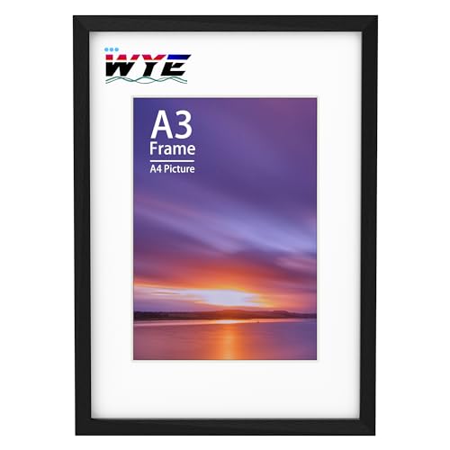 Bilderrahmen A3 Holz 29,7 x 42 cm (11,7 x 16,5 Zoll), Acryl (Nicht Glas) A3 Schwarz Posterrahmen für A3/A4 Druck Zertifikat, Fotorahmen mit Plexiglas, Hängt an der wand von wyewye