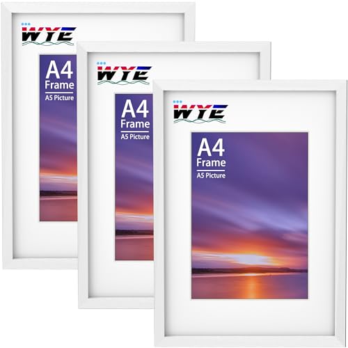 wyewye A4 Bilderrahmen 3er Pack Holz A4 Rahmen mit Ständer, Tisch- oder Wandaufhängung, Weißer Rahmen mit A5 Passepartout, Dokumentenrahmen mit Plexiglasfenster, Weiß von wyewye