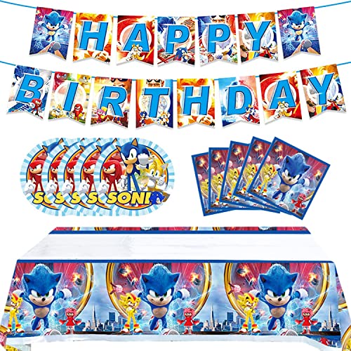 Sonic2 Geburtstagsparty-Zubehör, 32 Stück Sonic-Dekorationen für Geburtstagsparty, Igel-Partyzubehör für Kinder enthalten Banner, Tischdecke, Teller und Servietten Sonic2 Geburtstagsparty-Zubehör, 32 Stück Sonic-Dekorationen für Geburtstagsparty, Igel-Partyzubehör für Kinder enthalten Banner, Tischdecke, Teller und Servietten von xiaoma