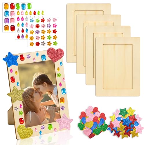 xiaoxiaozhijia 4 Stück DIY Bilderrahmen Holz - Bastelset mit Glitzersteine & 3D Aufklebern - Für kindergeburtstag basteln/Kunsthandwerk (15x20cm) von xiaoxiaozhijia