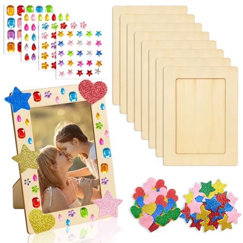 xiaoxiaozhijia 8 Stück DIY Bilderrahmen Holz - Bastelset mit Glitzersteine & 3D Aufklebern - Für kindergeburtstag basteln/Kunsthandwerk (15x20cm) von xiaoxiaozhijia