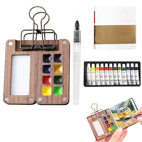 Mini Aquarell Set, 8 Gitter Skizzenbuch Palette aus Holz, Aquarell Malkasten, Magnetpalette mit Clip Mini-Holzpalettenbo Zusammenklappbare, Farbset Mini Watercolour Sketchbook (B) von xinrongda