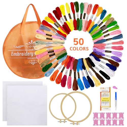 xiruiubao Sticken Set Erwachsene, Kreuzstich Set, Stickerei Embroidery Kit, 50 Farbfäden, 2 Stickrahmen, 2Sticken Stoff, Kreuzstich-Werkzeuge, Stickset Starter Kit für Erwachsene und Anfänger von xiruiubao