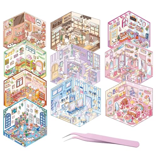 xolear 10 Set 3D House Stickers, Sticker Scene Book mit Pinzette, Miniature Scene Sticker Book, DIY 3D Haus Aufkleber, Cozy Kawaii Szenen Aufkleber Buch, Relief Stress für Erwachsene und Kinder xolear 10 Set 3D House Stickers, Sticker Scene Book mit Pinzette, Miniature Scene Sticker Book, DIY 3D Haus Aufkleber, Cozy Kawaii Szenen Aufkleber Buch, Relief Stress für Erwachsene und Kinder von xolear