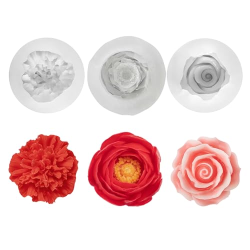 xolear 3 Stück Silikonform Blumen, Rosen Nelke Pfingstrose Silikonformen, 3D Gießformen Blume, Wiederverwendbare Gießformen für Schokolade, Süßigkeit, Kuchen Dekoration, DIY Herstellung von xolear