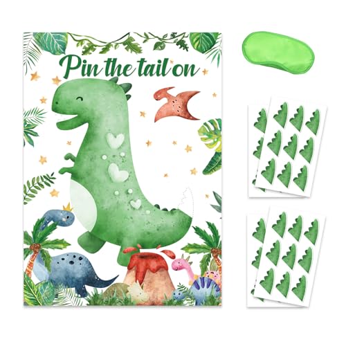 YANGLY Dinosaurier-Pin-Spiel, Partyspiel mit Augenmaske und 36 Schwanzaufklebern für Kinder von xromtbem