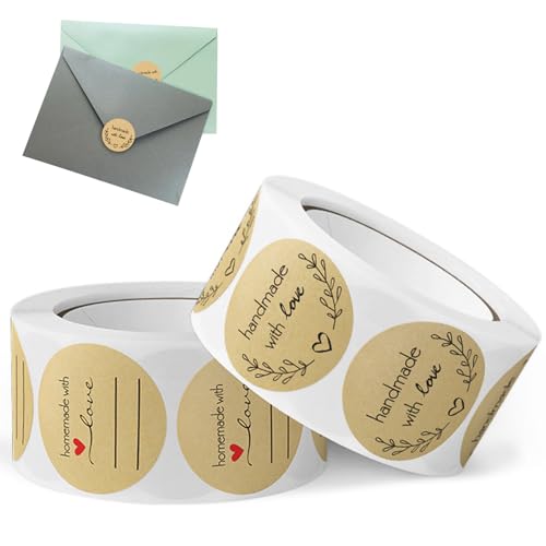2 Rollen 1000 Stücke Aufkleber Selbstklebende Sticker,Love Aufkleber Sticker Kraft Selbstgemacht Mit Liebe Aufkleber Etiketten Rund Selbstklebend Geschenkaufkleber von xutong