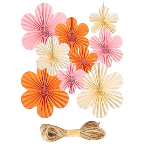 Papierblumen Wanddekoration Set, 9 Stück Papier Fächer Dekoration, 3 Größen (20/25/35 cm), Pink-Orange-Creme, mit Juteschnur, Faltbare Blüten für Partys und Feste von xutong