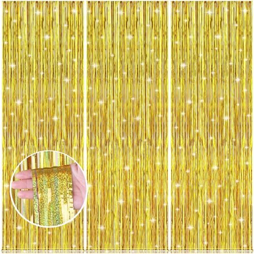 XUTONG Set mit 3 Fransen aus Metallfolie, 1 x 2 m, glitzernd, mit Fransen, für Geburtstag, Hochzeit, Party, Dekoration, Event und Party (Gold) von xutong