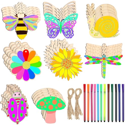 Xutong Holzanhänger Set zum Bemalen, 40 Stück Schmetterlinge und Blumen, 12 Buntstifte, 8 Designs, 3-3,8 cm von xutong