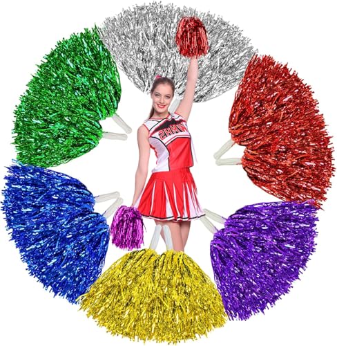 xutong 12 Stücke Cheerleader-Pompons, Hell Metallic Cheers Ball Zum, Schule Sport Prost Tanz Verrücktes Kostüm Kleid Nacht Party .(Gold, Silber, Blau, Rosenrot, Grün und Rot) von xutong