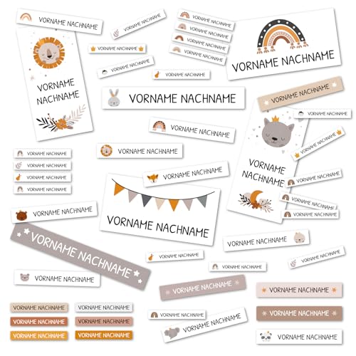 yabaduu 138 Namensaufkleber mit Wunschname personalisiert Aufkleber Sticker Set mit Kinder Name Beschriftung für Schule Kindergarten Hort Hefte Stifte Bücher (01 Boho Tiere) von yabaduu