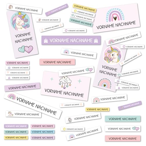 138 Namensaufkleber mit Wunschname personalisiert Aufkleber Sticker Set mit Kinder Name Beschriftung für Schule Kindergarten Hort Hefte Stifte Bücher (02 Einhorn) von yabaduu