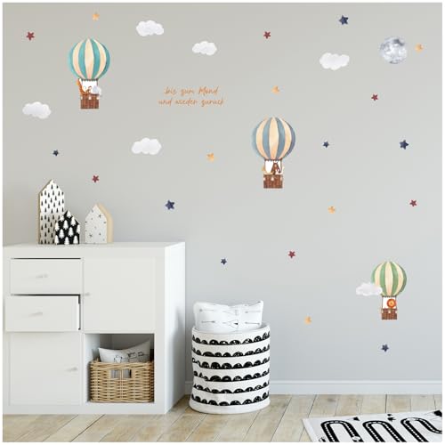 Aufkleber Set Heißluftballon auf 4 Din A4 Bögen Insgesamt 150x55cm Wandtattoo Wandsticker Sticker für Kinder Kinderzimmer Babyzimmer Aquarell Y057-1 (Tiere) von yabaduu