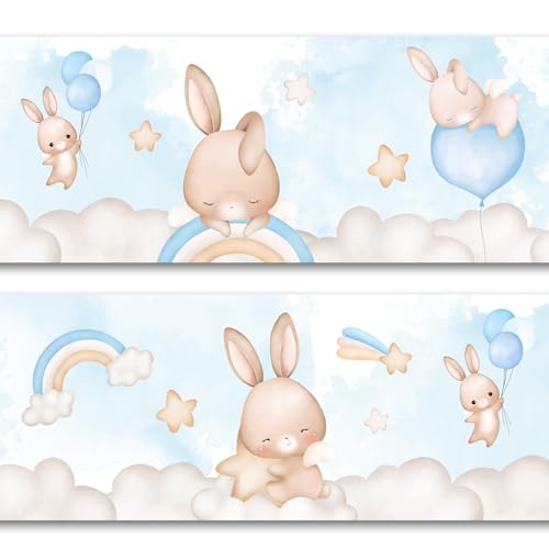 Bordüre 15cm x 200cm für Kinderzimmer Babyzimmer Dekor Aufkleber Wandbordüre selbstklebend Wandtattoo für Kinder Mädchen Junge Y033 (Hasen Ballons Blau) von yabaduu