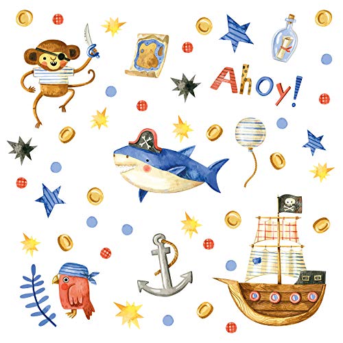 Wandsticker personalisiert Sticker Aquarell Tiere mit Name Wandtattoo für Kinderzimmer Babyzimmer Spielzimmer Mädchen Junge Y037 (Nr. 10 Piraten, Ohne Wunschname) von yabaduu