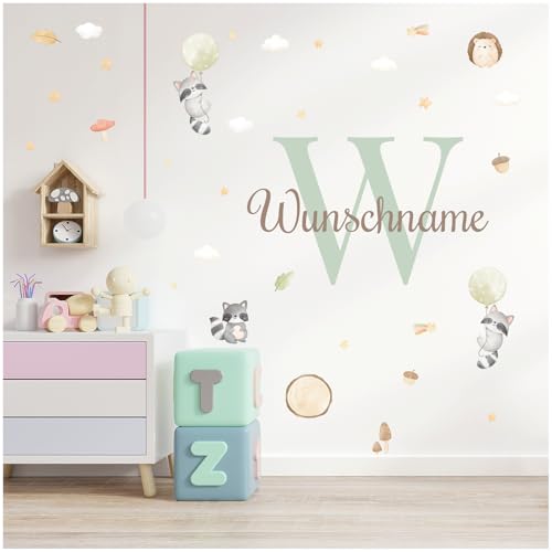 Wandsticker personalisiert Sticker Aquarell Tiere mit Name Wandtattoo für Kinderzimmer Babyzimmer Spielzimmer Mädchen Junge Y037 (Nr. 17 Waschbär, Mit Wunschname) von yabaduu