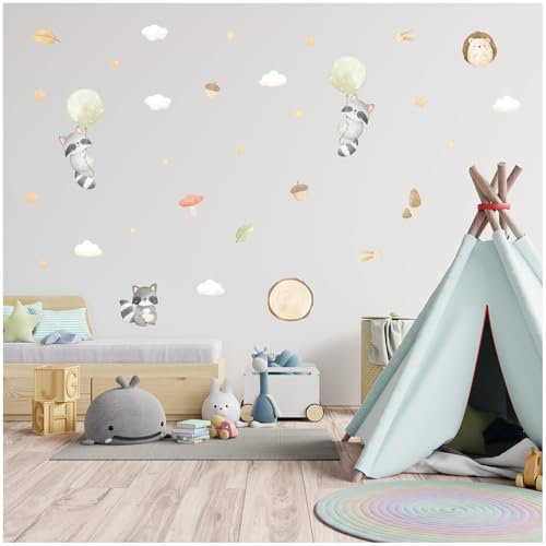 Wandsticker personalisiert Sticker Aquarell Tiere mit Name Wandtattoo für Kinderzimmer Babyzimmer Spielzimmer Mädchen Junge Y037 (Nr. 17 Waschbär, Ohne Wunschname) von yabaduu