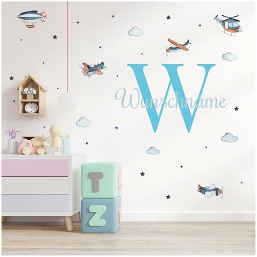 Wandsticker personalisiert Sticker Aquarell Tiere mit Name Wandtattoo für Kinderzimmer Babyzimmer Spielzimmer Mädchen Junge Y037 (Nr. 2 Flugzeuge, Mit Wunschname) von yabaduu
