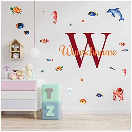 yabaduu Wandsticker personalisiert Sticker Aquarell Tiere mit Name Wandtattoo für Kinderzimmer Babyzimmer Spielzimmer Mädchen Junge Y037 (Nr. 24 Meerestiere, Mit Wunschname) von yabaduu
