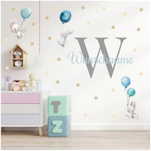 yabaduu Wandsticker personalisiert Sticker Aquarell Tiere mit Name Wandtattoo für Kinderzimmer Babyzimmer Spielzimmer Mädchen Junge Y037 (Nr. 5 Hasen mit Ballons, Mit Wunschname) von yabaduu