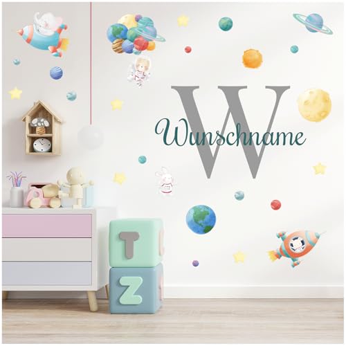 Wandsticker personalisiert Sticker Aquarell Tiere mit Name Wandtattoo für Kinderzimmer Babyzimmer Spielzimmer Mädchen Junge Y037 (Nr. 8 Weltraum Tiere, Mit Wunschname) von yabaduu