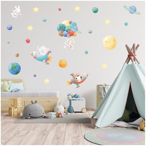 Wandsticker personalisiert Sticker Aquarell Tiere mit Name Wandtattoo für Kinderzimmer Babyzimmer Spielzimmer Mädchen Junge Y037 (Nr. 8 Weltraum Tiere, Ohne Wunschname) von yabaduu