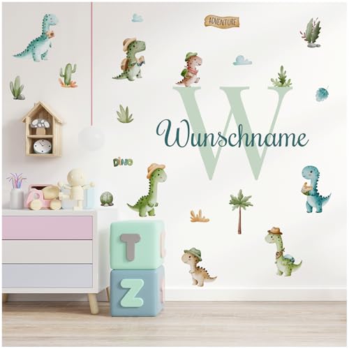 Wandsticker personalisiert Sticker Aquarell Tiere mit Name Wandtattoo für Kinderzimmer Babyzimmer Spielzimmer Mädchen Junge Y037 (Nr. 9 Dinos, Mit Wunschname) von yabaduu