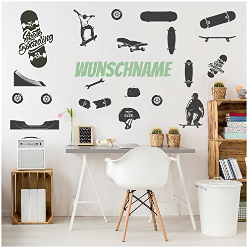 Wandsticker personalisiert mit Name Wandtattoo für Jugendzimmer Kinderzimmer Wohnzimmer Wandbild Mädchen Junge Teenager selbstklebend Y065 (Mit Wunschname, 04 Skateboard) von yabaduu