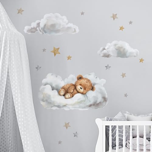 YABADUU® Teddybär auf Wolken • niedliches Wandbild fürs Babyzimmer • Wandtattoo Kinderzimmer • Bär mit Sternen YX040 (Set L) von yabaduu