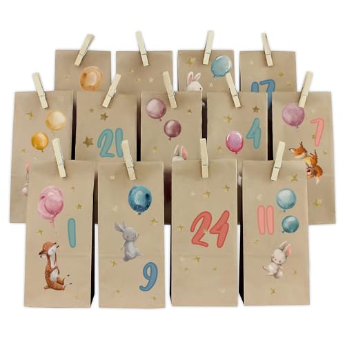 Yabaduu DIY Adventskalender Zahlen mit Papiertüten zum Aufkleben Nummern 1-24 Selbstklebende Sticker für Weihnachten Bastelset zum Befüllen Y067 (08 Hasen Bogen) von yabaduu