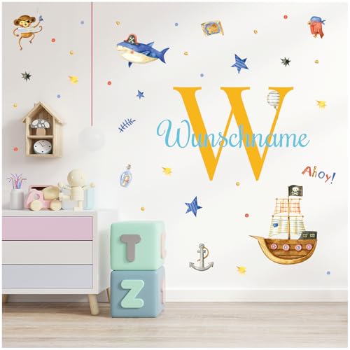 Wandsticker personalisiert Sticker Aquarell Tiere mit Name Wandtattoo für Kinderzimmer Babyzimmer Spielzimmer Mädchen Junge Y037 (Nr. 10 Piraten, Mit Wunschname) von yabaduu