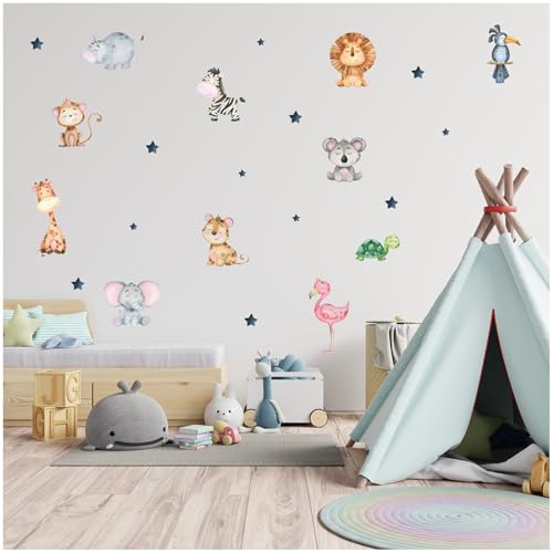 Wandsticker personalisiert Sticker Aquarell Tiere mit Name Wandtattoo für Kinderzimmer Babyzimmer Spielzimmer Mädchen Junge Y037 (Nr. 3 Tiere, Ohne Wunschname) von Finest Folia