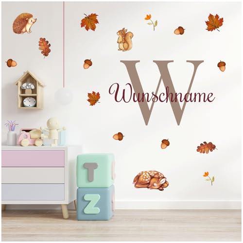yabaduu Wandsticker personalisiert Sticker Aquarell Tiere mit Name Wandtattoo für Kinderzimmer Babyzimmer Spielzimmer Mädchen Junge Y037 (Nr. 4 Tiere im Herbst, Mit Wunschname) von yabaduu