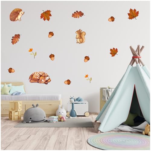 yabaduu Wandsticker personalisiert Sticker Aquarell Tiere mit Name Wandtattoo für Kinderzimmer Babyzimmer Spielzimmer Mädchen Junge Y037 (Nr. 4 Tiere im Herbst, Ohne Wunschname) von yabaduu