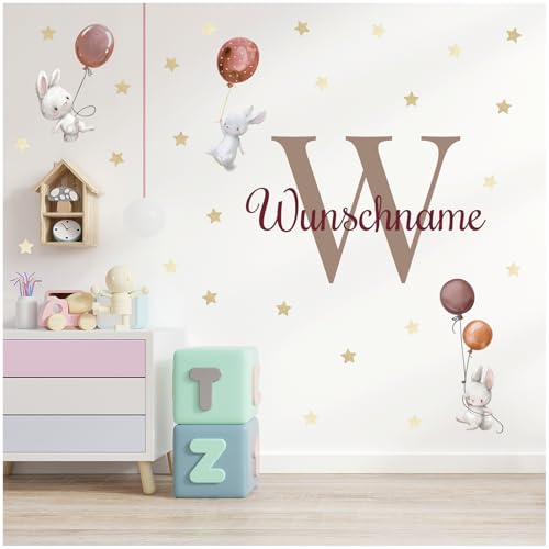yabaduu Wandsticker personalisiert Sticker Aquarell Tiere mit Name Wandtattoo für Kinderzimmer Babyzimmer Spielzimmer Mädchen Junge Y037 (Nr. 7 Hasen mit Ballons Erdtöne, Mit Wunschname) von yabaduu
