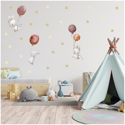 yabaduu Wandsticker personalisiert Sticker Aquarell Tiere mit Name Wandtattoo für Kinderzimmer Babyzimmer Spielzimmer Mädchen Junge Y037 (Nr. 7 Hasen mit Ballons Erdtöne, Ohne Wunschname) von yabaduu