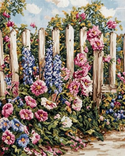 yade-show 11CT Kreuzstich-Set, Kreuzstich-Stickset für Fortgeschrittene, DIY-Bastelset, bedrucktes Kreuzstich-Set (Zaun und Blumen, C)-40X50CM von yade-show