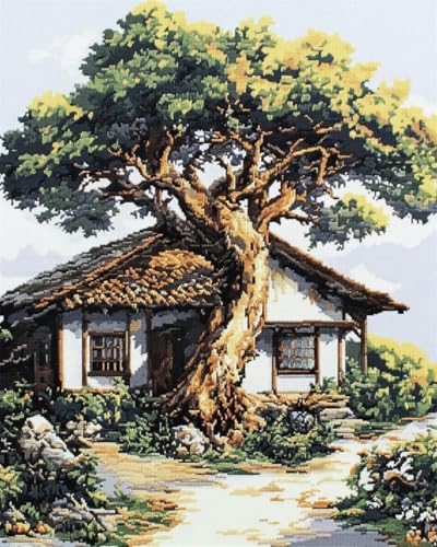 yade-show Kreuzstich-Set für Anfänger, 11 CT, vorgedruckt, Stickset, Stickmuster zum Selbermachen (Haus neben einem Baum, B)-40X50CM von yade-show