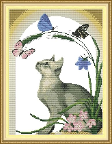 yade-show Kreuzstich-Stickset, Muster bedruckt, 11 ct, Katze, Schmetterling, Blume, bedruckt, DIY-Wandkunst, Handarbeitsset, 40 x 50 cm von yade-show