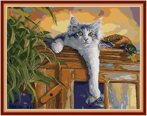 yade-show Kreuzstich-Stickset, Muster bedruckt, 11 ct, Katze und Ente, bedruckt, DIY-Wandkunst, Handarbeitsset, 40 x 50 cm von yade-show