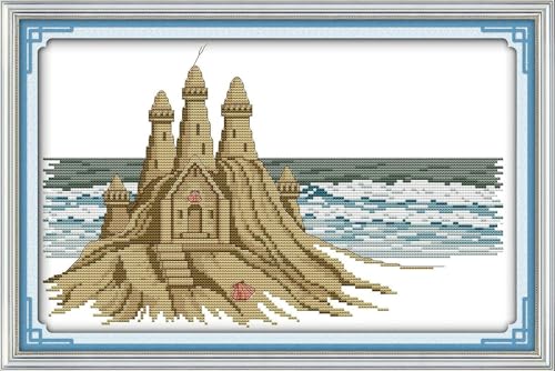 yade-show Kreuzstich-Stickset, Muster bedruckt, 11 ct, Muschel, Sandburg, Strandszene, bedruckt, DIY-Wandkunst, Handarbeitsset, 40 x 50 cm von yade-show