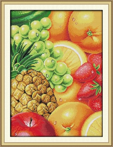 yade-show Kreuzstich-Stickset, Muster bedruckt, 11 ct, Obst, Apfel, Ananas, Traube, bedruckt, DIY-Wandkunst, Handarbeitsset, 40 x 50 cm von yade-show